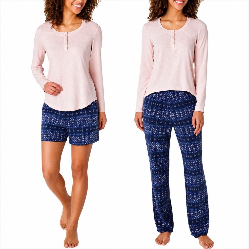 Eddie Bauer Pajama Set XL Pink Blue 3-pc Cozy Fleece Loungecore Pants Shorts